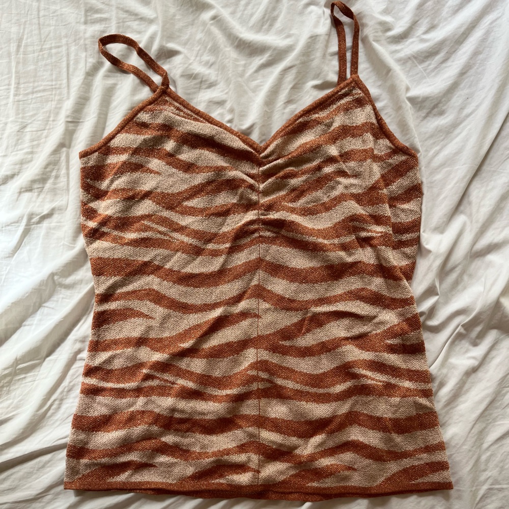 Anthropologie Knit Stretch Tank Top Metallic Gold Thread Orange Rust Stripes Med